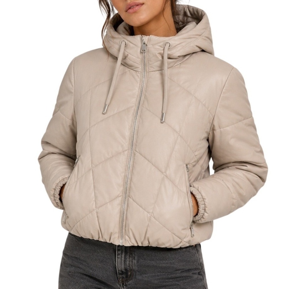 Bernardo Bernie Faux Leather Puffer Jacket Beige Womens  M